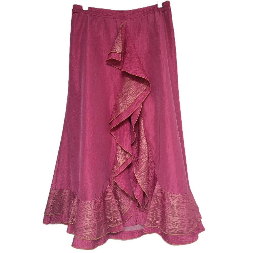 Vintage 90s Nubiano Fuchsia Ruffled Bohemian Midi Skirt with Gold Trim Festival